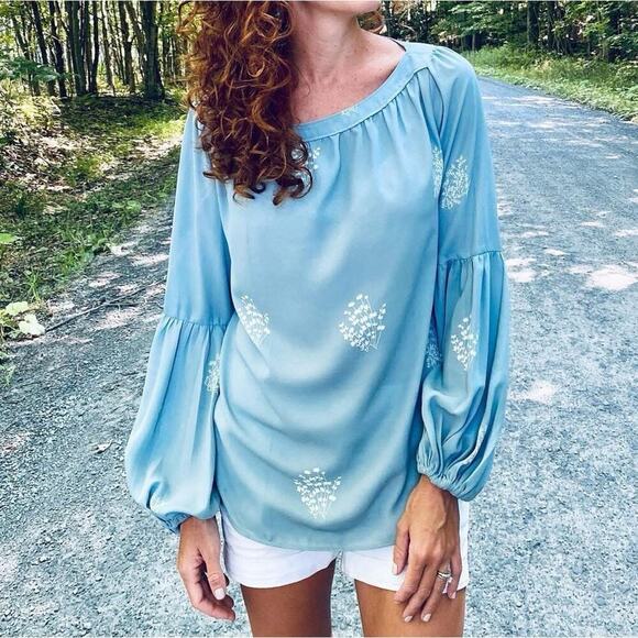 New LOFT Blue Green Floral Poof Long Sleeve Blouse - Picture 6 of 6